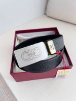 1:1 Ferragamo  Black Leather Belt  with Silver Logo buckle Rectangle Buckle  3.5cm